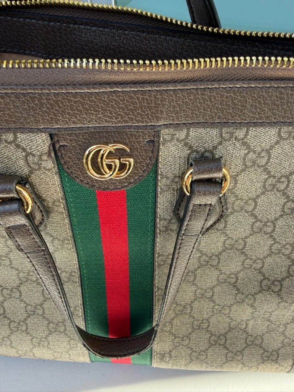Gucci Beige GG Supreme Canvas Tote with Brown Trim and Green-Red Web - Picture 7 of 8